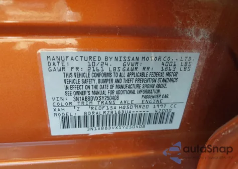 2025 Nissan Sentra Sr z USA, uszkodzony, nr VIN 3N1AB8DVXSY250408